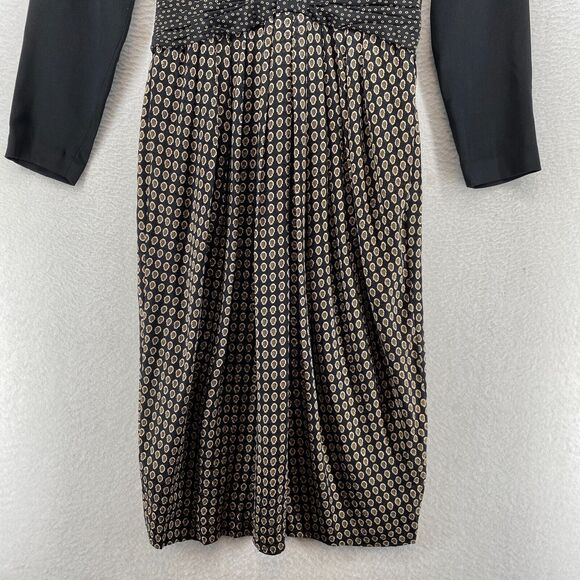 ST. GILLIAN SILKS Dress 4 Sheath Midi Printed Draped Long Sleeve Black Vintage - Picture 5 of 13
